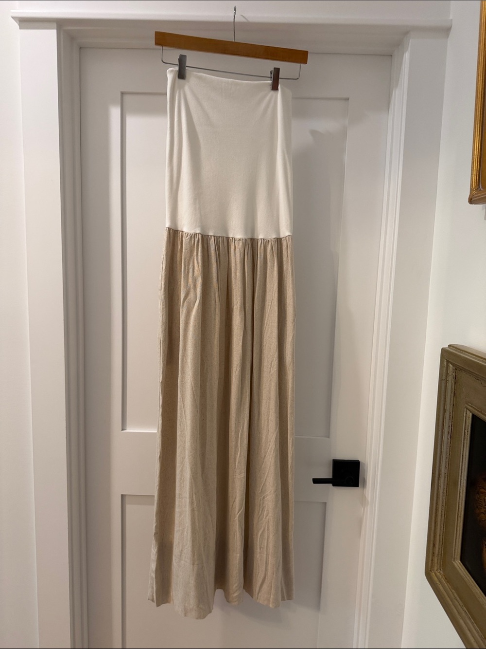Miou Muse Two-Tone Cream and Beige  strapless maxi dress (bw)